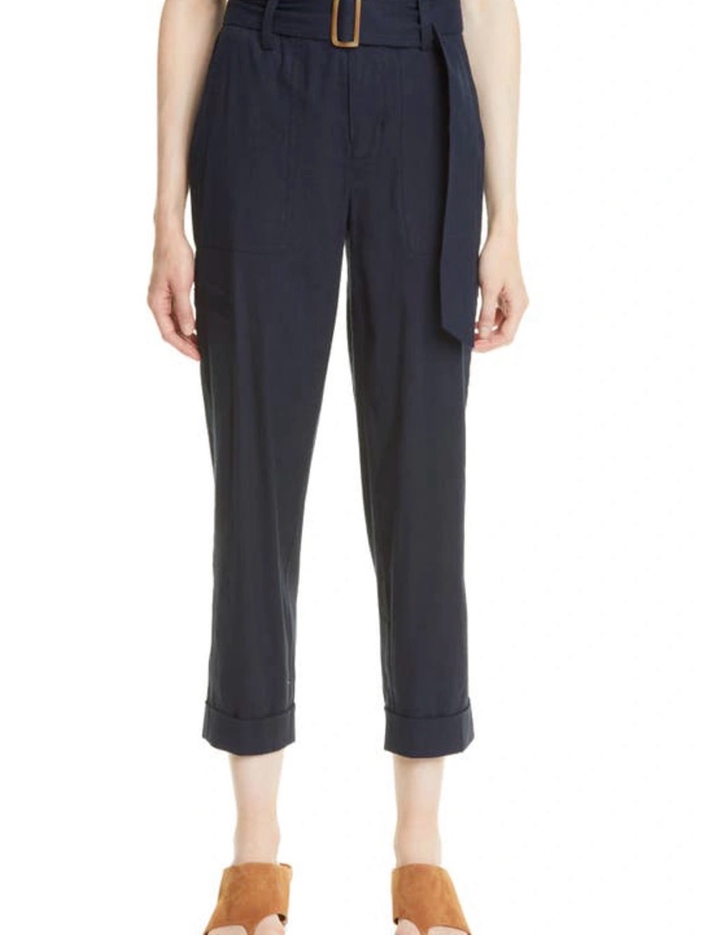 Vince Navy Linen Blend Pants with Adjustable Belt